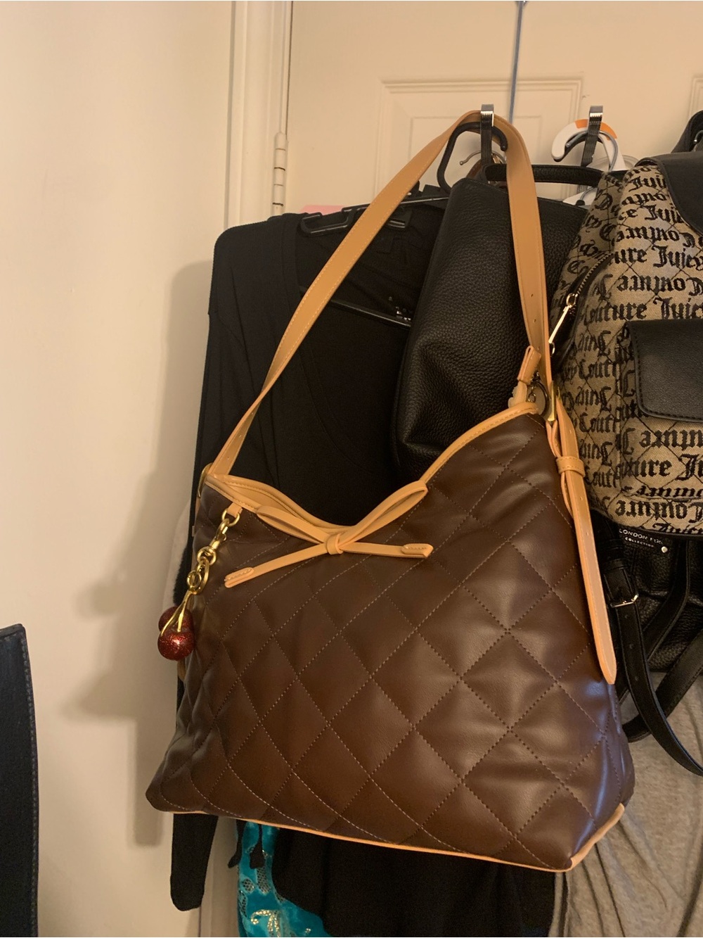 Quilted Brown Shoulder Bag with Tan Trim and Knot Detail